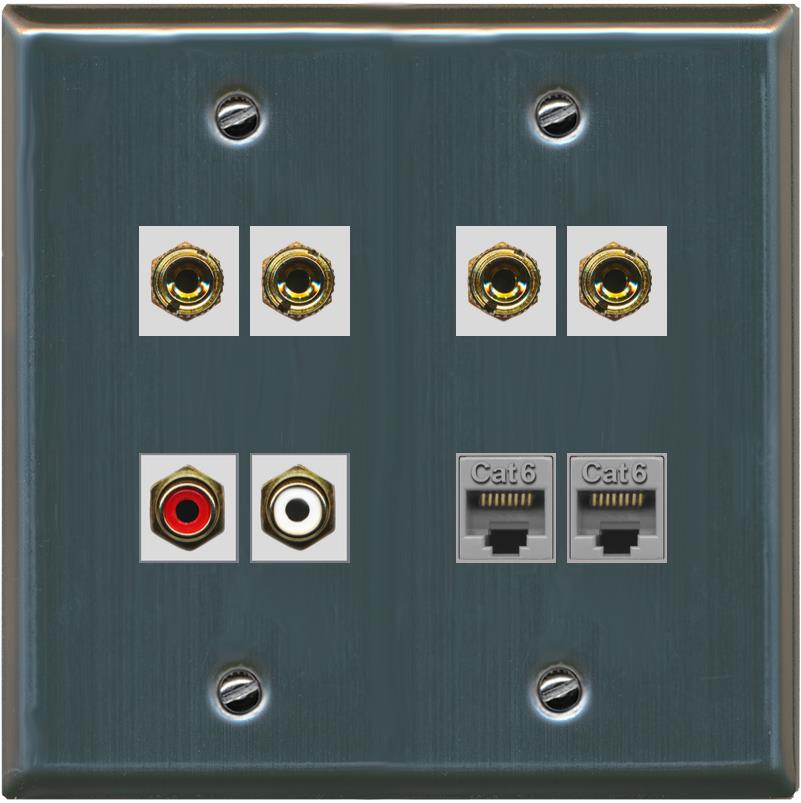 RiteAV 4 Banana (2 Speaker) Wall Plate with 2 x RCA (Red/White) and 2 Cat6 - Flat 2 Gang [Stainless Steel]