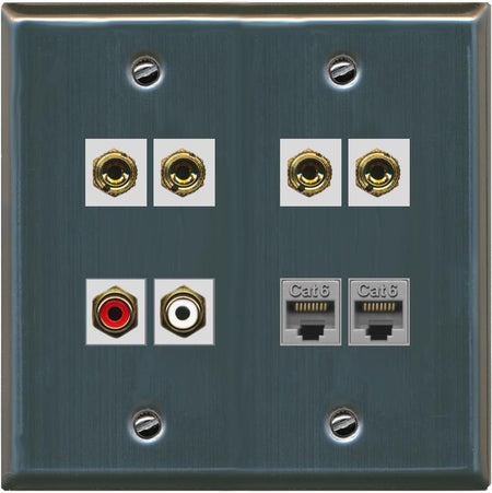 RiteAV 4 Banana (2 Speaker) Wall Plate with 2 x RCA (Red/White) and 2 Cat6 - Flat 2 Gang [Stainless Steel]