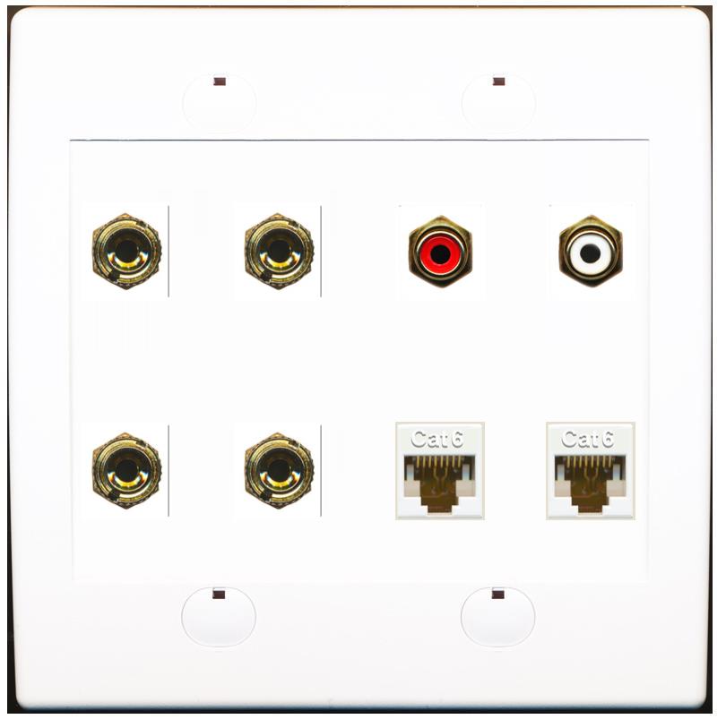 RiteAV 4 Banana (2 Speaker) Wall Plate with 2 x RCA (Red/White) and 2 Cat6 - Flat 2 Gang [White]