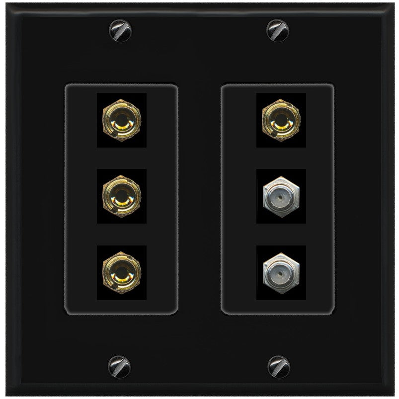 RiteAV 4 Port Banana 2 Speaker Binding Post 2 Coax Wall Plate - 2 Gang [Black/Black]