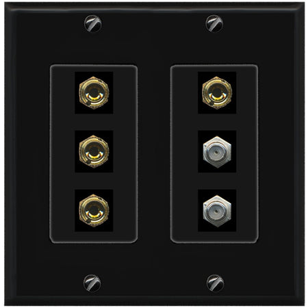 RiteAV 4 Port Banana 2 Speaker Binding Post 2 Coax Wall Plate - 2 Gang [Black/Black]