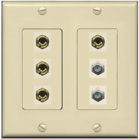 RiteAV 4 Port Banana 2 Speaker Binding Post 2 Coax Wall Plate - 2 Gang [Ivory/Ivory]