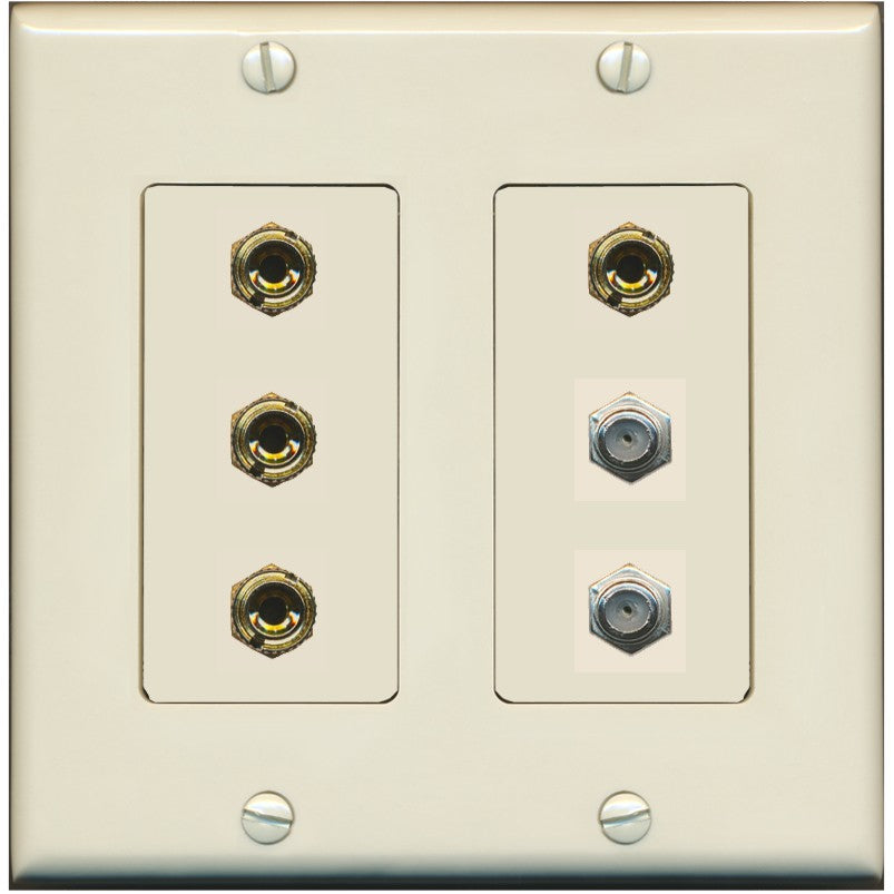 RiteAV 4 Port Banana 2 Speaker Binding Post 2 Coax Wall Plate - 2 Gang [Light-Almond]