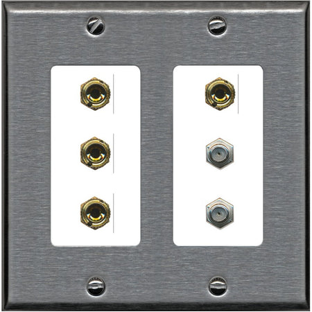 RiteAV 4 Port Banana 2 Speaker Binding Post 2 Coax Wall Plate - 2 Gang [Stainless/White]