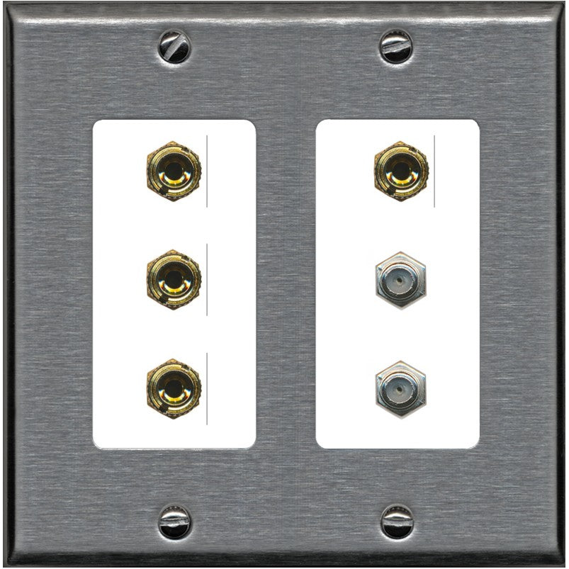 RiteAV 4 Port Banana 2 Speaker Binding Post 2 Coax Wall Plate - 2 Gang [Stainless/White]