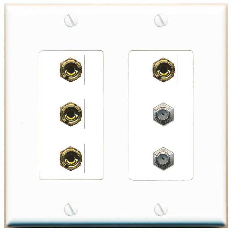 RiteAV 4 Port Banana 2 Speaker Binding Post 2 Coax Wall Plate - 2 Gang [White]