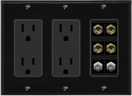 RiteAV 4 Port Banana 2 Speaker Binding Post 2 Coax Wall Plate - 3 Gang 2 Outlet [Black/Black]
