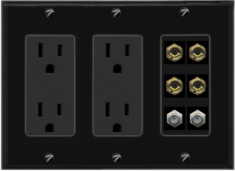 RiteAV 4 Port Banana 2 Speaker Binding Post 2 Coax Wall Plate - 3 Gang 2 Outlet [Black/Black]