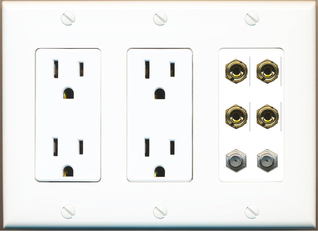 RiteAV 4 Port Banana 2 Speaker Binding Post 2 Coax Wall Plate - 3 Gang 2 Outlet [White]