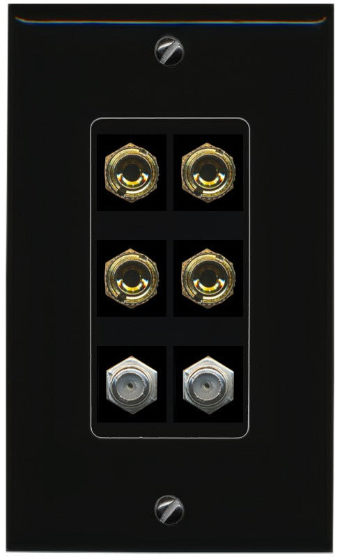 RiteAV 4 Port Banana 2 Speaker Binding Post 2 Coax Wall Plate - 1 Gang Decorative [Black/Black]