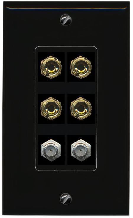 RiteAV 4 Port Banana 2 Speaker Binding Post 2 Coax Wall Plate - 1 Gang Decorative [Black/Black]