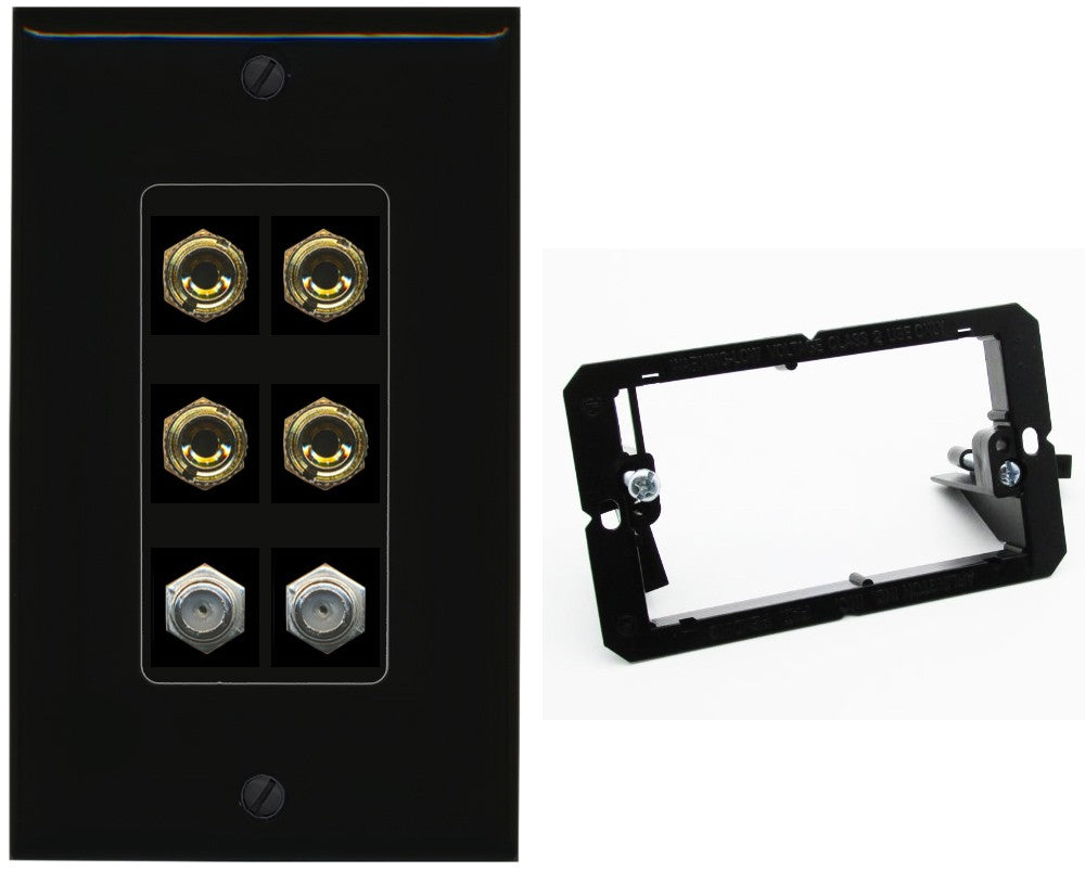 RiteAV 4 Port Banana 2 Speaker Binding Post 2 Coax Wall Plate - Bracket [Black/Black]