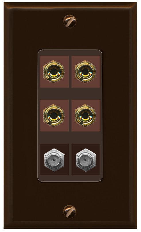 RiteAV 4 Port Banana 2 Speaker Binding Post 2 Coax Wall Plate - 1 Gang Decorative [Brown/Brown]