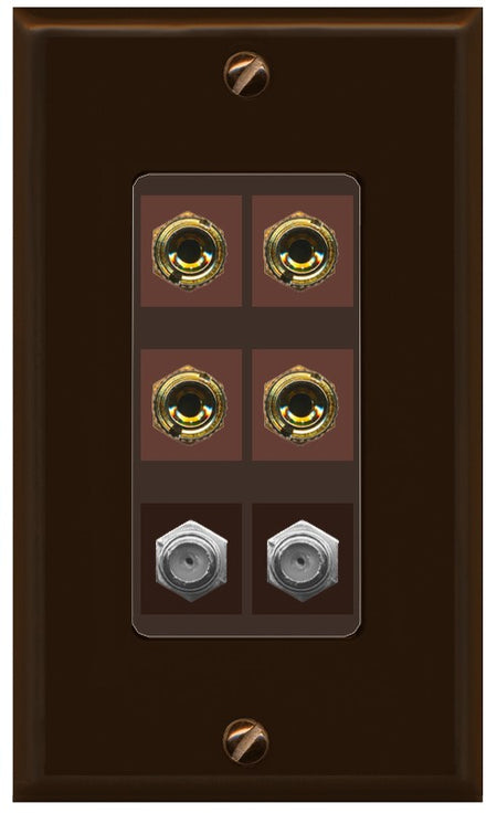 RiteAV 4 Port Banana 2 Speaker Binding Post 2 Coax Wall Plate - 1 Gang Decorative [Brown/Brown]