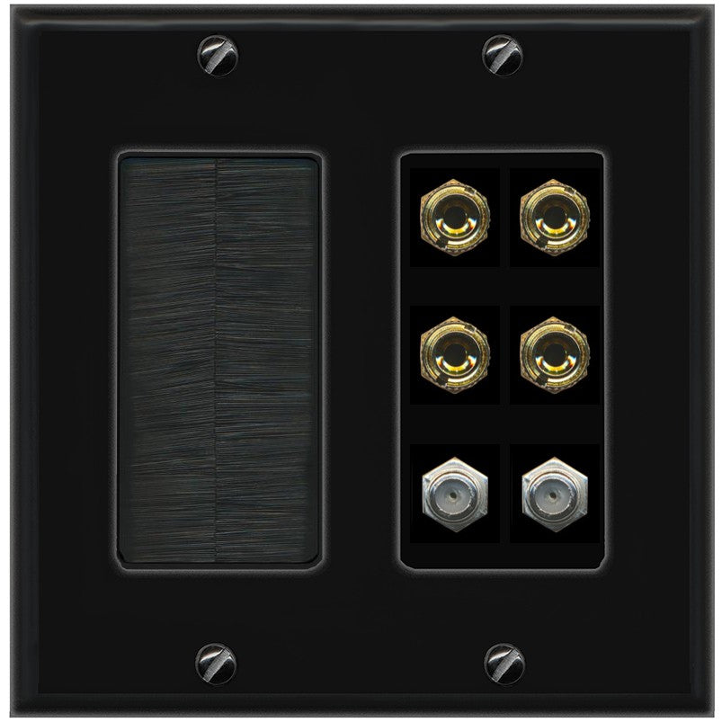 RiteAV 4 Port Banana 2 Speaker Binding Post 2 Coax Wall Plate - Brush [Black/Black]