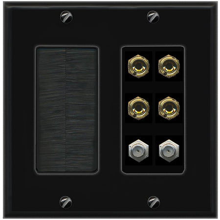 RiteAV 4 Port Banana 2 Speaker Binding Post 2 Coax Wall Plate - Brush [Black/Black]