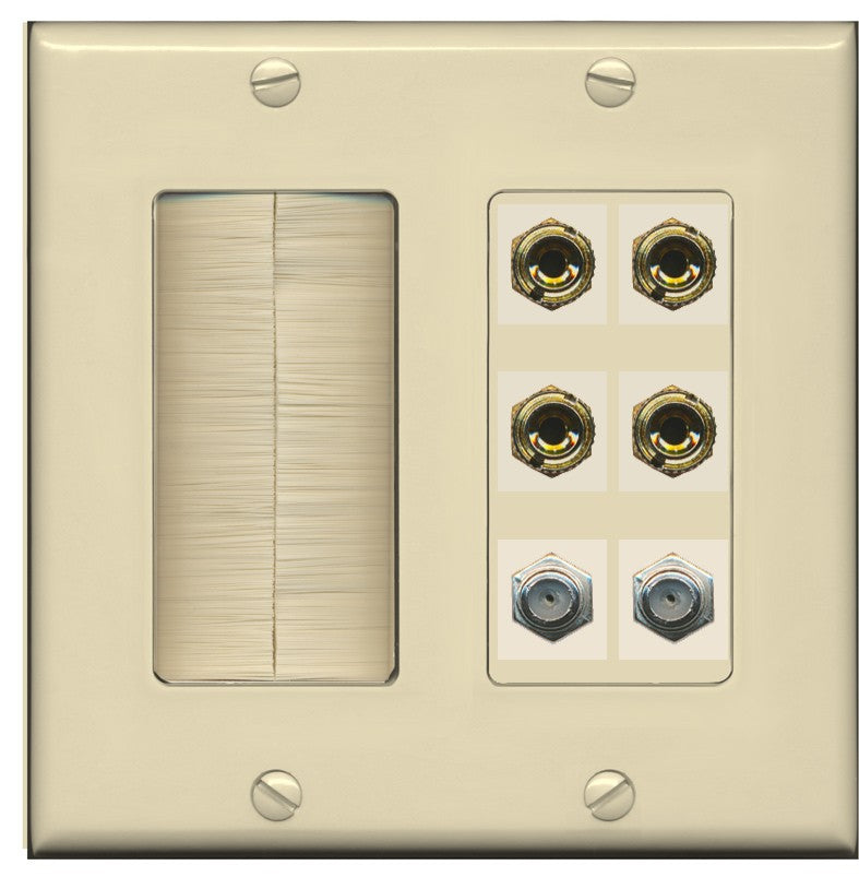 RiteAV 4 Port Banana 2 Speaker Binding Post 2 Coax Wall Plate - Brush [Ivory/Ivory]