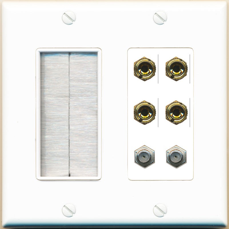 RiteAV 4 Port Banana 2 Speaker Binding Post 2 Coax Wall Plate - Brush [White]