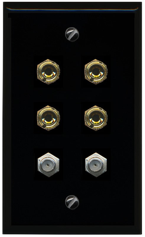 RiteAV 4 Port Banana 2 Speaker Binding Post 2 Coax Wall Plate - Flat Style [Black/Black]