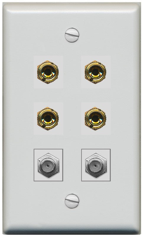 RiteAV 4 Port Banana 2 Speaker Binding Post 2 Coax Wall Plate - Flat Style [Gray/Gray]