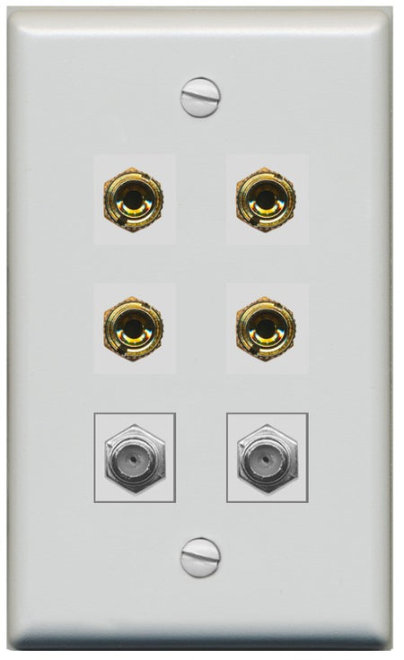 RiteAV 4 Port Banana 2 Speaker Binding Post 2 Coax Wall Plate - Flat Style [Gray/Gray]