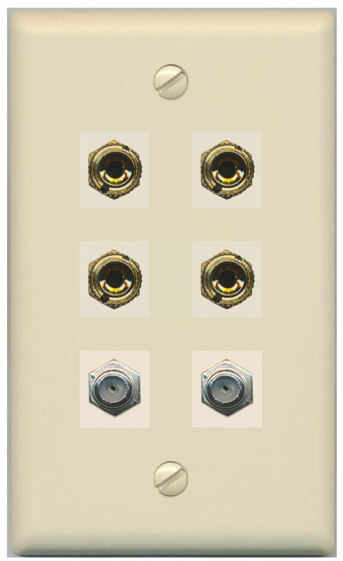 RiteAV 4 Port Banana 2 Speaker Binding Post 2 Coax Wall Plate - Flat Style [Ivory/Ivory]