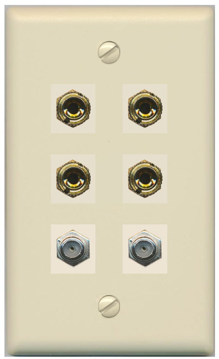 RiteAV 4 Port Banana 2 Speaker Binding Post 2 Coax Wall Plate - Flat Style [Ivory/Ivory]