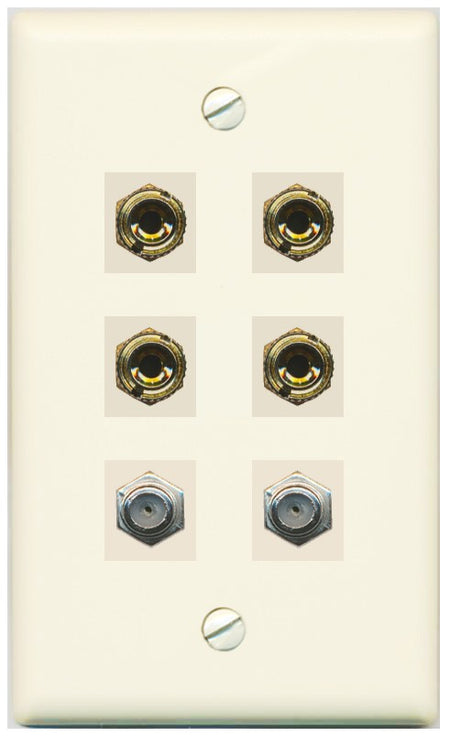 RiteAV 4 Port Banana 2 Speaker Binding Post 2 Coax Wall Plate - Flat Style [Light-Almond]