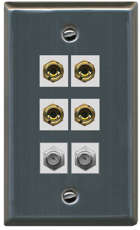 RiteAV 4 Port Banana 2 Speaker Binding Post 2 Coax Wall Plate - Flat Style [Stainless Steel]