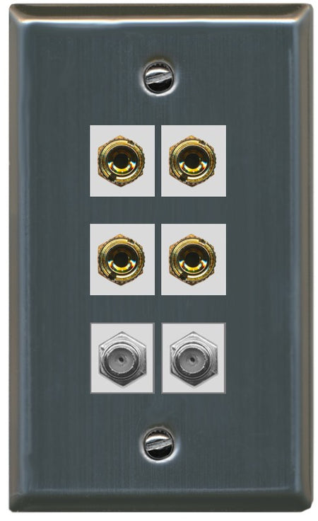 RiteAV 4 Port Banana 2 Speaker Binding Post 2 Coax Wall Plate - Flat Style [Stainless Steel]