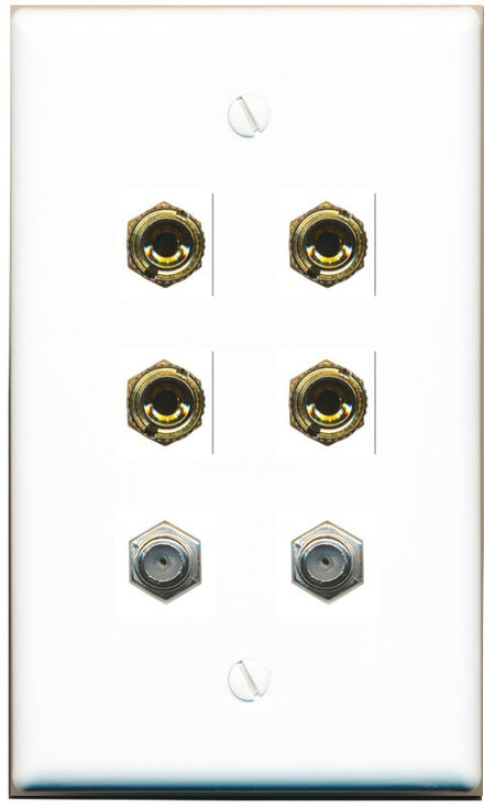 RiteAV 4 Port Banana 2 Speaker Binding Post 2 Coax Wall Plate - Flat Style [White]