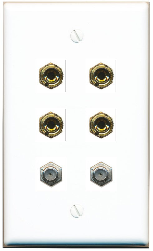RiteAV 4 Port Banana 2 Speaker Binding Post 2 Coax Wall Plate - Flat Style [White]