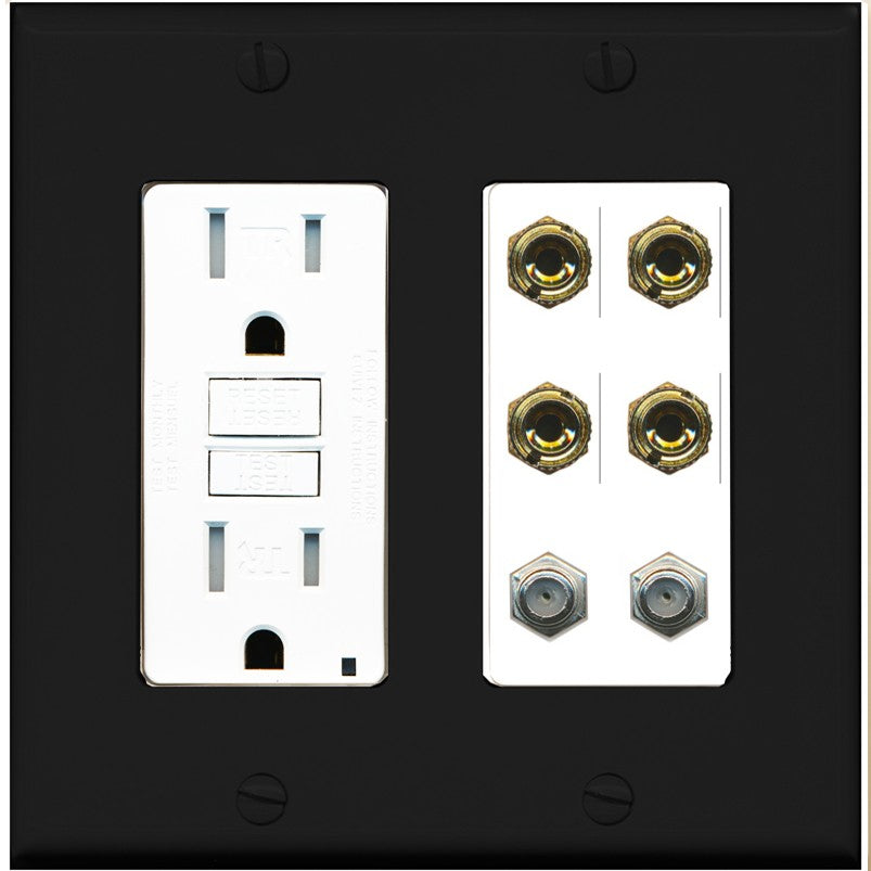 RiteAV 4 Port Banana 2 Speaker Binding Post 2 Coax Wall Plate - GFCI Outlet [Black/White]