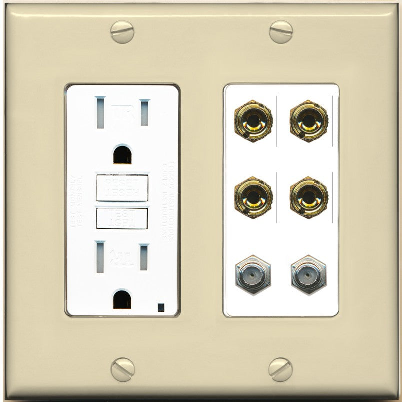 RiteAV 4 Port Banana 2 Speaker Binding Post 2 Coax Wall Plate - GFCI Outlet [Ivory/White]