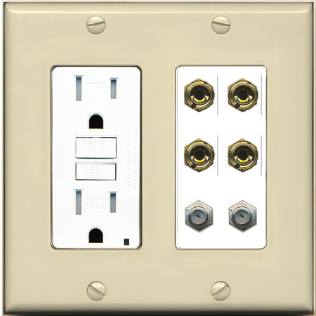RiteAV 4 Port Banana 2 Speaker Binding Post 2 Coax Wall Plate - GFCI Outlet [Ivory/White]
