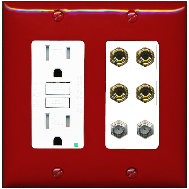 RiteAV 4 Port Banana 2 Speaker Binding Post 2 Coax Wall Plate - GFCI Outlet [Red/White]