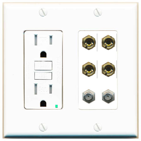 RiteAV 4 Port Banana 2 Speaker Binding Post 2 Coax Wall Plate - GFCI Outlet [White]