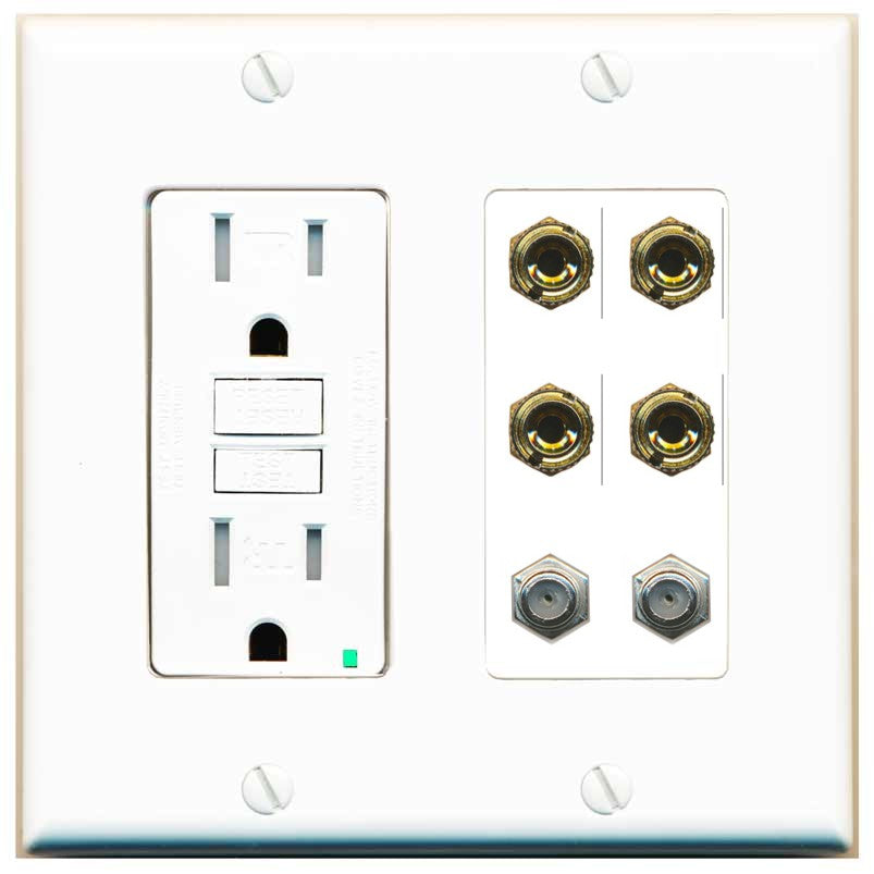 RiteAV 4 Port Banana 2 Speaker Binding Post 2 Coax Wall Plate - GFCI Outlet [White]