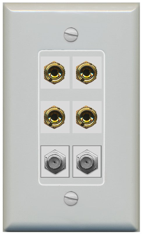 RiteAV 4 Port Banana 2 Speaker Binding Post 2 Coax Wall Plate - 1 Gang Decorative [Gray/Gray]