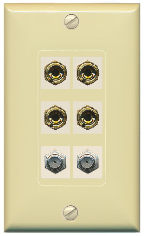 RiteAV 4 Port Banana 2 Speaker Binding Post 2 Coax Wall Plate - 1 Gang Decorative [Ivory/Ivory]