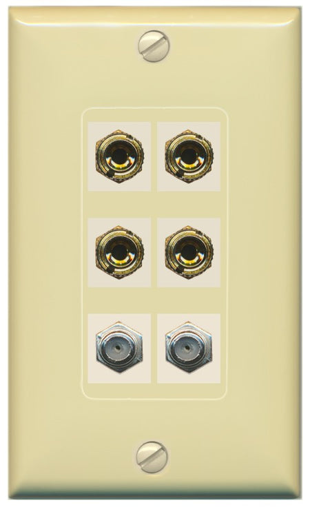 RiteAV 4 Port Banana 2 Speaker Binding Post 2 Coax Wall Plate - 1 Gang Decorative [Ivory/Ivory]