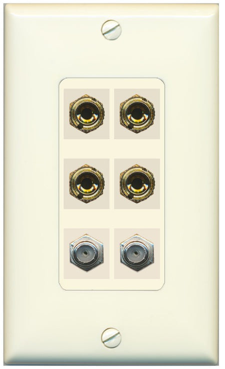 RiteAV 4 Port Banana 2 Speaker Binding Post 2 Coax Wall Plate - 1 Gang Decorative [Light-Almond]