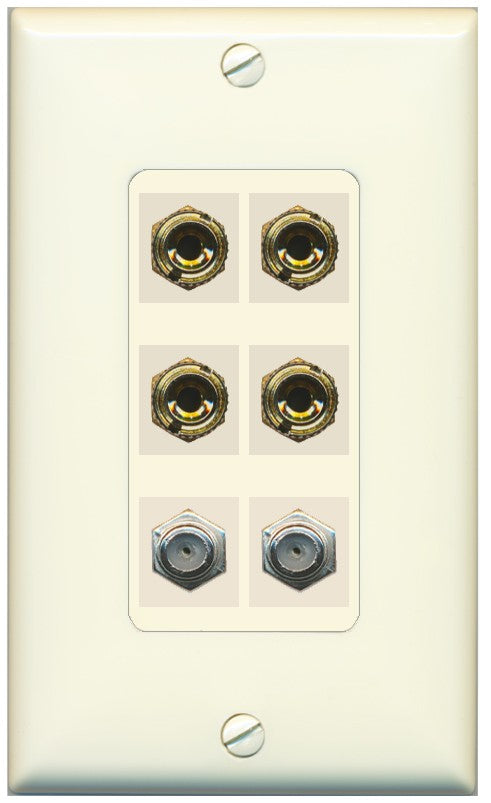 RiteAV 4 Port Banana 2 Speaker Binding Post 2 Coax Wall Plate - 1 Gang Decorative [Light-Almond]