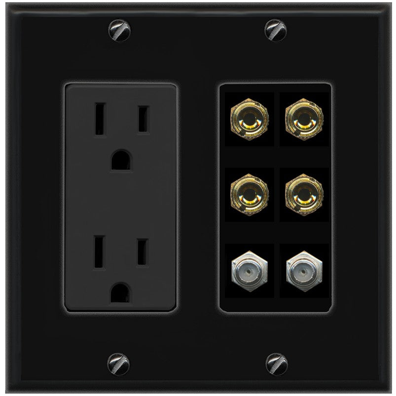 RiteAV 4 Port Banana 2 Speaker Binding Post 2 Coax Wall Plate - Outlet [Black/Black]