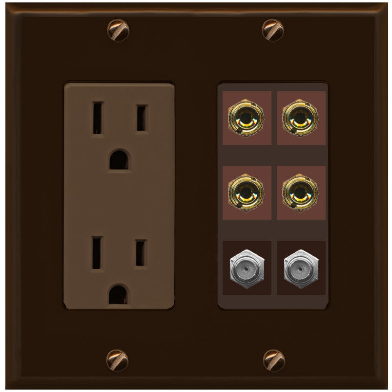 RiteAV 4 Port Banana 2 Speaker Binding Post 2 Coax Wall Plate - Outlet [Brown/Brown]