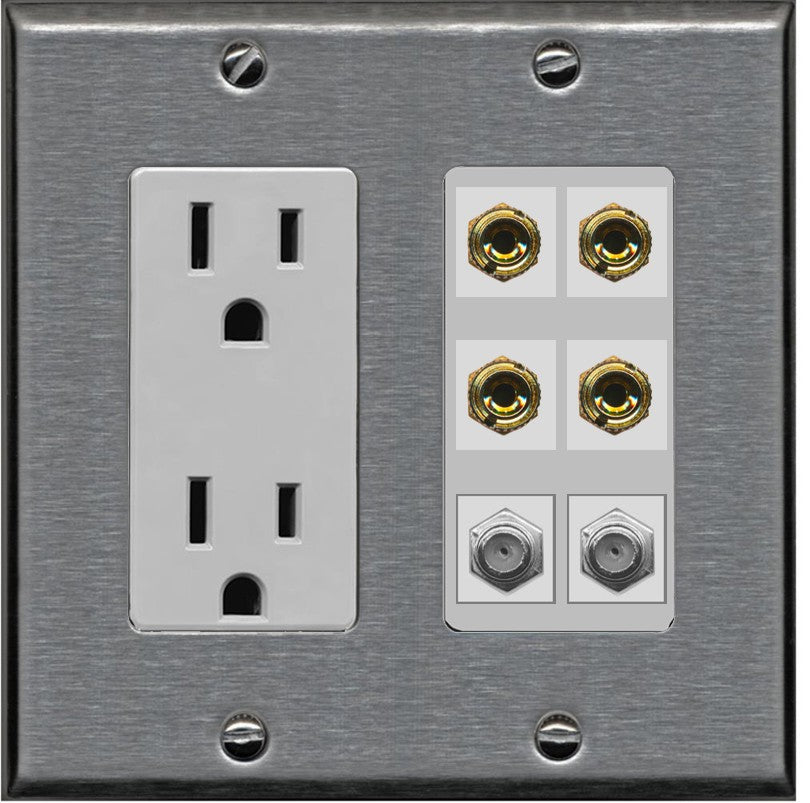 RiteAV 4 Port Banana 2 Speaker Binding Post 2 Coax Wall Plate - Outlet [Stainless/Gray]