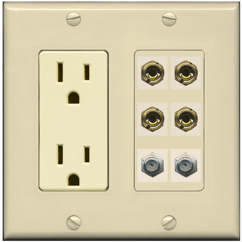 RiteAV 4 Port Banana 2 Speaker Binding Post 2 Coax Wall Plate - Outlet [Ivory/Ivory]