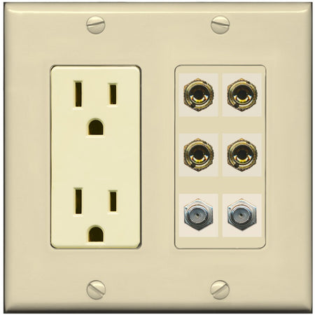 RiteAV 4 Port Banana 2 Speaker Binding Post 2 Coax Wall Plate - Outlet [Ivory/Ivory]