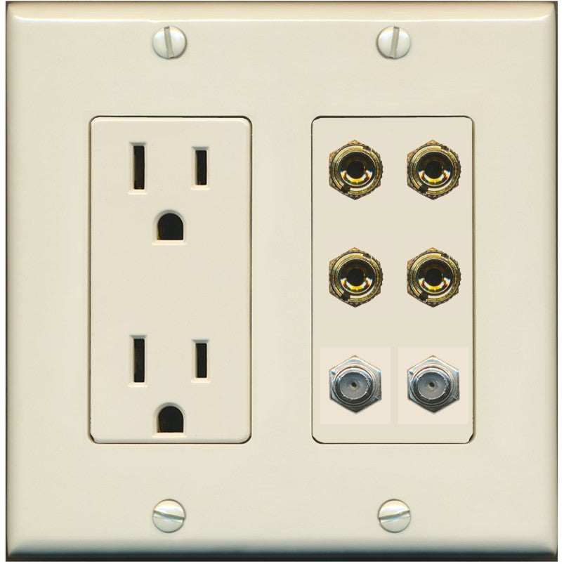 RiteAV 4 Port Banana 2 Speaker Binding Post 2 Coax Wall Plate - Outlet [Light-Almond]