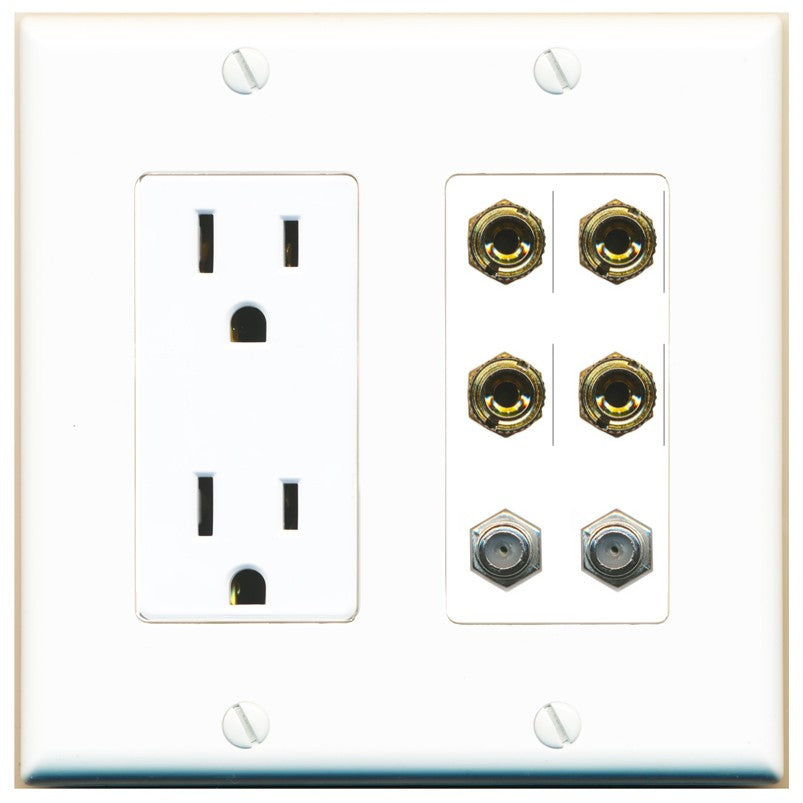 RiteAV 4 Port Banana 2 Speaker Binding Post 2 Coax Wall Plate - Outlet [White]
